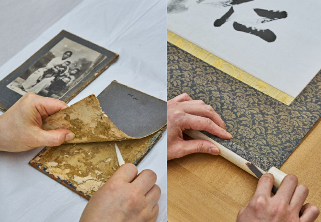 (좌) 사진첩 보존 처리 모습. 내지를 분리하고 있다,  (우) 유묵 보존 처리 모습. 족자를 해체하고 있다