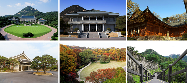(왼쪽부터 시계 방향으로) 청와대 본관, 영빈관, 상춘재, 북악산 풍경, 녹지원, 춘추관