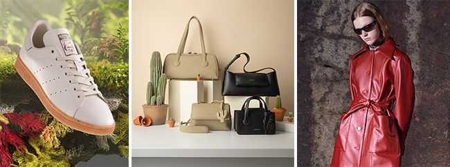 (왼쪽부터) 버섯으로 만든 신발, 선인장으로 만든 가방, 와인 부산물로 만든 옷