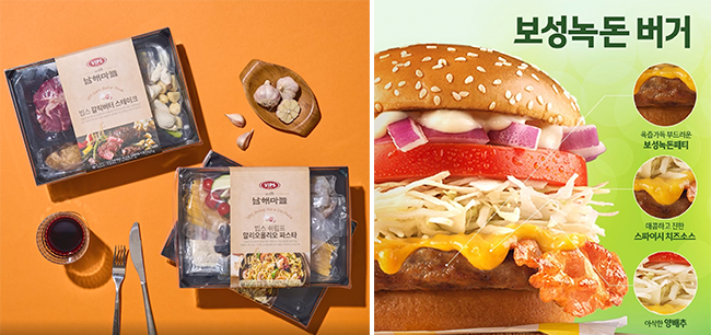 (왼쪽부터) 빕스 남해마늘 밀키트, 맥도날드 보성녹돈 버거 / 출처 : 인스타그램 @@vips_kr, @mcdonalds_kr