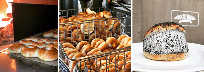 (왼쪽부터) 베이글이 참나무 장작 화덕에 노릇노릇 구워지는 모습, 플레인 베이글, 흑임자 생크림 베이글 / 출처 : 코끼리 베이글 인스타그램 @kokkilibagel