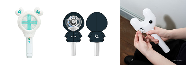 (왼쪽부터) 투모로우바이투게더 응원봉 커버, 크래비티 응원봉 후드, 뉴진스 응원봉 / 출처 : 위버스샵, 스타쉽 스퀘어, 인스타그램 @weverseshop